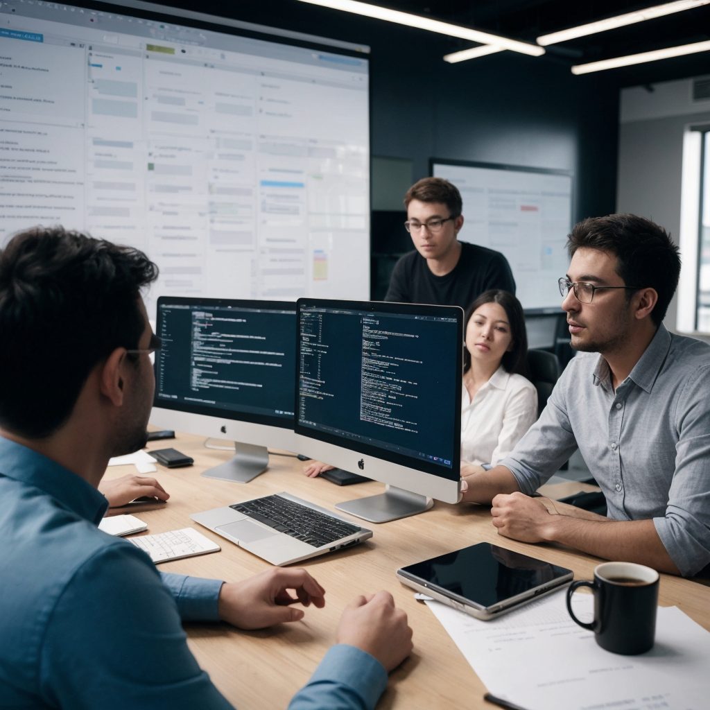 Equipo de desarrollo de software trabajando en soluciones de Inteligencia Artificial.